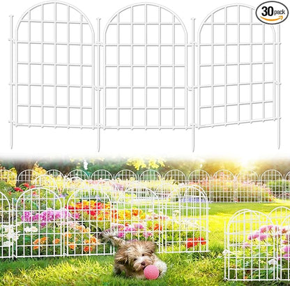 32.5ft(L) x 22in(H) Panels Garden Fence, 30 Panels Arched No Dig Fence, Decorative Animal Barrier Fencing with Ground Stake, Rustproof Metal Garden Edging Border for Dog, Outdoor Patio Decor, White