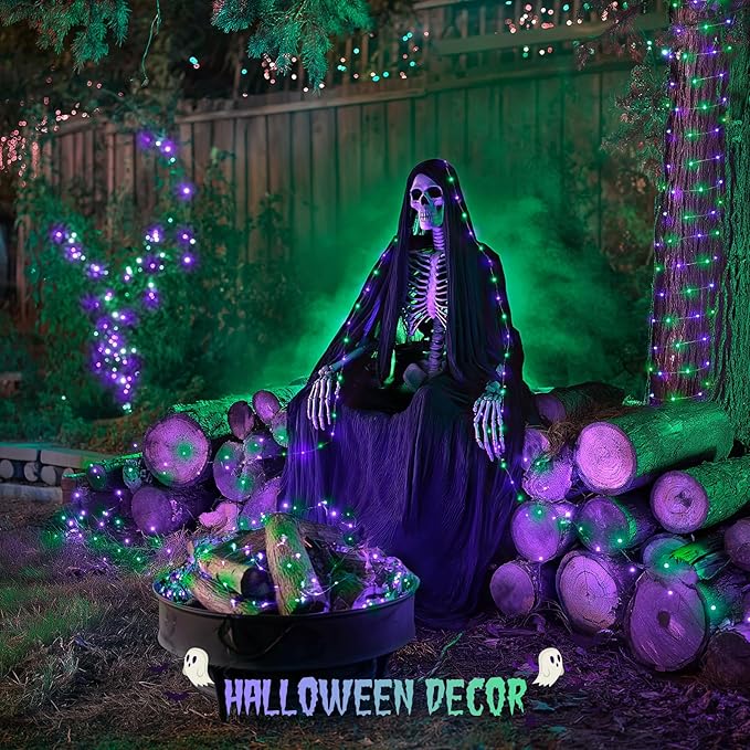 JMEXSUSS Halloween Lights Battery Operated, 2 Pack 100 LED 33ft Halloween Fairy Lights with Remote, 8 Modes Twinkle String Light for Fireplace Porch Tree Centerpiece Wreath Decor, Purple and Green