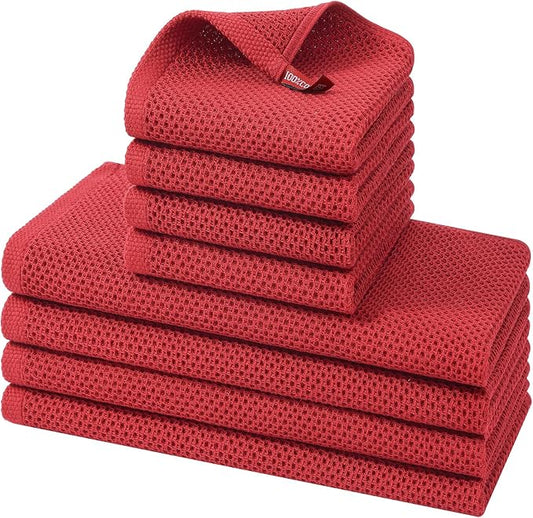 Kitinjoy 100% Cotton Kitchen Towels and Dishcloths Set, 8 Pack Waffle Weave Dish Towels Ultra Soft Absorbent Quick Drying Dish Rags, 13 x 28 Inch and 12 X 12 Inch, Red