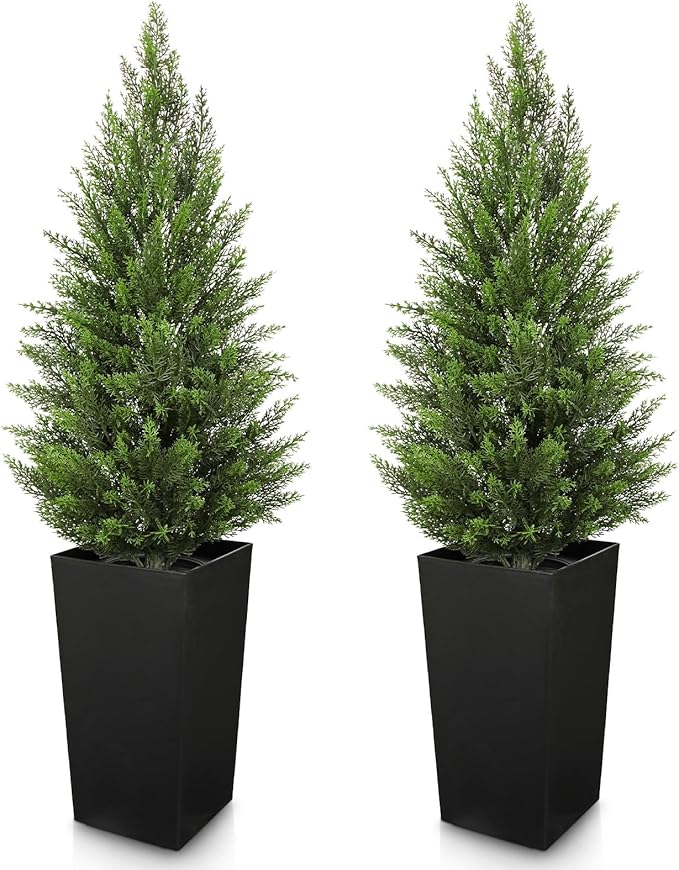 Briful Artificial Cedar Topiary Trees 4ft, Set of 2 Faux Potted Christmas Porch Trees Cypress Sbrubs, UV-Resistant Front Door Greenery in Tall Black Planter for Indoor Outdoor Holiday Décor