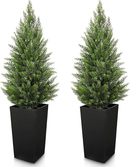 Briful Artificial Cedar Topiary Trees 4ft, Set of 2 Faux Potted Christmas Porch Trees Cypress Sbrubs, UV-Resistant Front Door Greenery in Tall Black Planter for Indoor Outdoor Holiday Décor