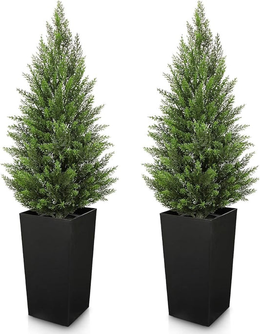 Briful Artificial Cedar Topiary Trees 4ft, Set of 2 Faux Potted Christmas Porch Trees Cypress Sbrubs, UV-Resistant Front Door Greenery in Tall Black Planter for Indoor Outdoor Holiday Décor