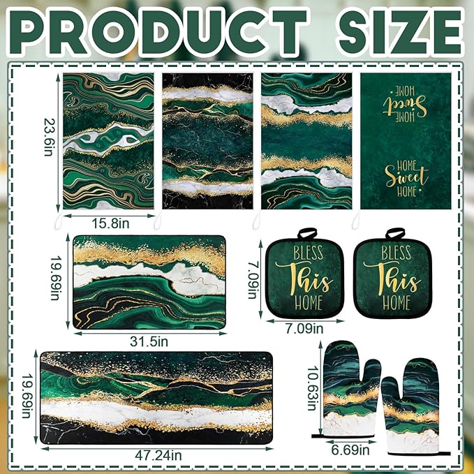 10 Pcs Christmas Marble Farmhouse Kitchen Decor Accessories Set Marble Kitchen Dish Towels Rugs Oven Mitts and Pot Holders Sets for Cooking Baking Daughter Mom Gift(Green)