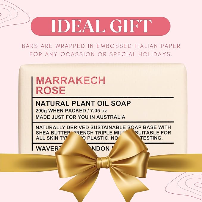 Wavertree & London Marrakech Rose Scented 100% Natural Soap Bar, 7oz Moisturizing French Triple Milled Soap Bar for Women & Men Enriched with Organic Shea Butter, Pure Bath & Body Soap (1 Bar)