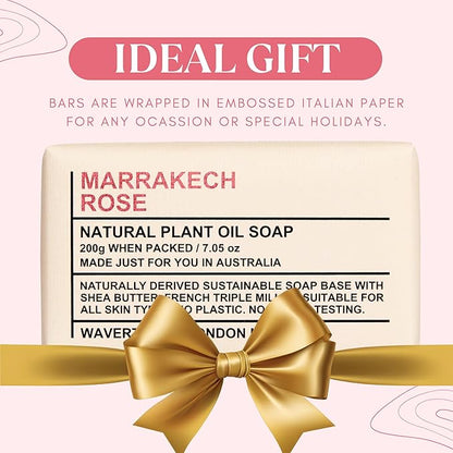 Wavertree & London Marrakech Rose Scented 100% Natural Soap Bar, 7oz Moisturizing French Triple Milled Soap Bar for Women & Men Enriched with Organic Shea Butter, Pure Bath & Body Soap (1 Bar)