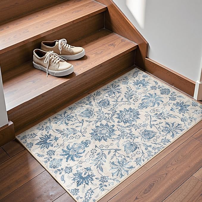 jinchan 2x3 Washable Rugs for Entryway, Vintage-Inspired Floral Design Non-Slip Low-Pile Doormat, Ultra-Thin Indoor Traditional Accent Carpet for Entrance Kitchen Bathroom Bedroom, Dark Blue