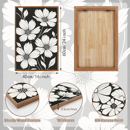 HLNIUC Abstract Black and White Framed Canvas Wall Art,White Daisy Flower Plant Poster,Modern Minimalist Floral Painting,Botanical Floral Canvas Art Print for Living Room Bedroom-16 x24 x3