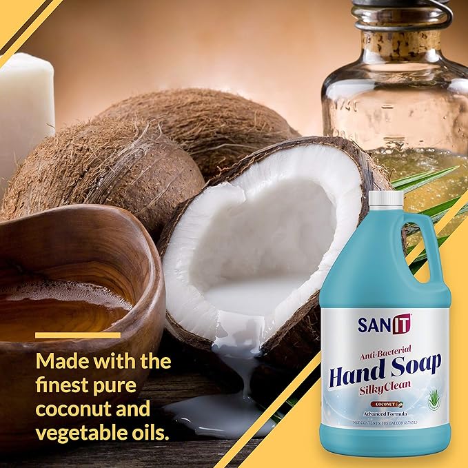 Sanit Silky Clean Antibacterial Liquid Gel Hand Soap Refill - Advanced Formula with Coconut Oil and Aloe Vera - All Natural Moisturizing Hand Wash - Made in USA, Coconut, 1 Gallon