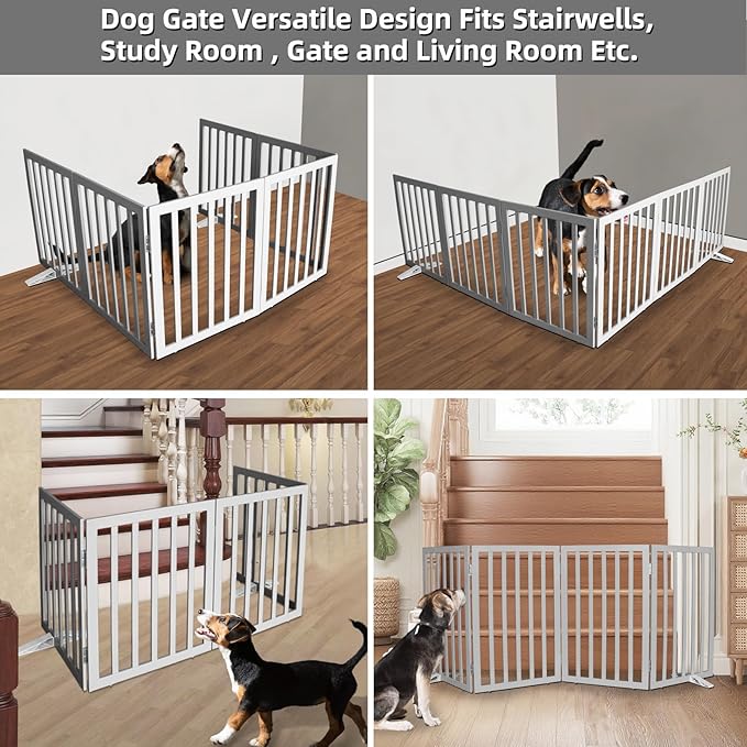 Dog Gate Indoor, Freestanding Dog Fence for The House, Doorways, Hallways,or Stairs,Pet Gate Foldable Wooden,Expandable 24" Height 6 Panels,Grey