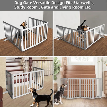Dog Gate Indoor, Freestanding Dog Fence for The House, Doorways, Hallways,or Stairs,Pet Gate Foldable Wooden,Expandable 24" Height 6 Panels,Grey
