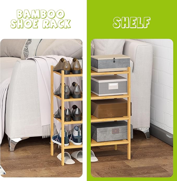BMOSU 4-Tier Bamboo Small Shoe Rack Premium Stackable Shoe Shelf Storage Organizer for Hallway Closet Living Room Entryway Organizer(Natural)