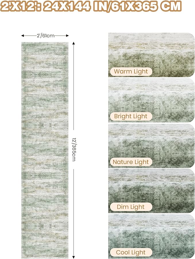 Long Hallway Runner Rug- Carpet Runners for Hallway 12ft, Anti Slip Backing Washable Rug Runner for Entrance, Living Room, Soft Low Pile Mordern Rug Runner(2'x12', Green/Yellow/Ivory)