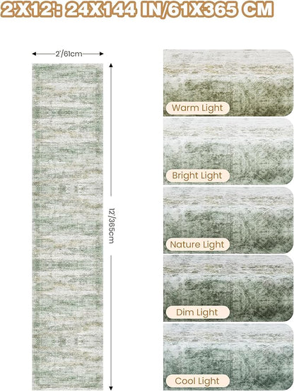 Long Hallway Runner Rug- Carpet Runners for Hallway 12ft, Anti Slip Backing Washable Rug Runner for Entrance, Living Room, Soft Low Pile Mordern Rug Runner(2'x12', Green/Yellow/Ivory)