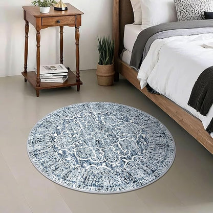KUTA Vintage Round Rug 3ft, Washable Boho Indoor Circle Small Area Rugs, Blue White Non-Slip Printed Medallion Carpet for Entryway Kitchen Dining Room Table Living Room