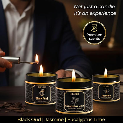 Candle Gift Set of 3 Black Oud|Jasmine|Eucalyptus Lime Highly Scented Soy Candels Natural Non Toxic Velas Aromáticas Favors for Women Coworkers Friends Guests Also for Fall Diwali Christmas Holidays