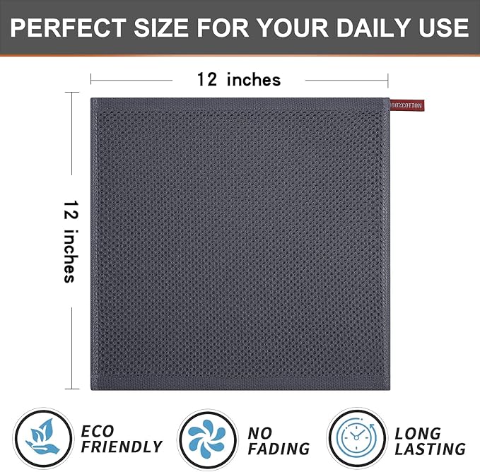Kitinjoy 100% Cotton Kitchen Dish Cloths, 8 Pack Waffle Weave Ultra Soft Absorbent Dish Towels for Drying Dishes Quick Drying Kitchen Towels Dish Rags, 12 X 12Inch, Dark Grey