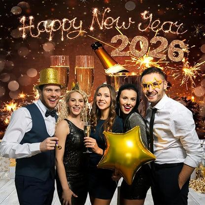 AOFOTO 10x10ft Happy New Year 2026 Backdrop Champagne Wine Beer Gold Sparklers Fireworks Bokeh Light Spot New Year's Eve Backdrop Banner Carnival Celebration Background Party Decorations Props