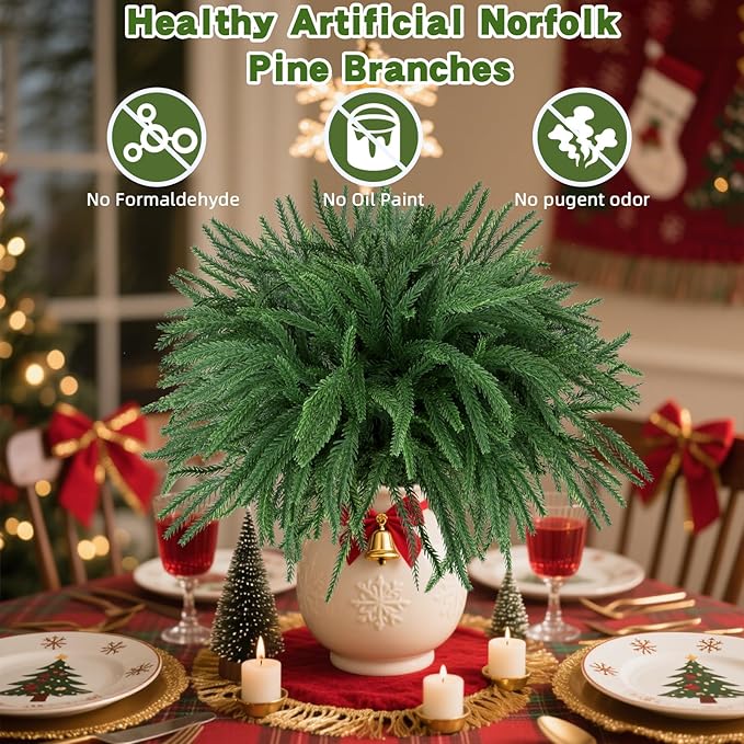 12 Pcs Artificial Pine Branches - 19 Inch Real Touch Norfolk Pine Stems - Faux Christmas Greenery Stems for Vase Centerpiece Home Indoor Outdoor Xmas Decorations