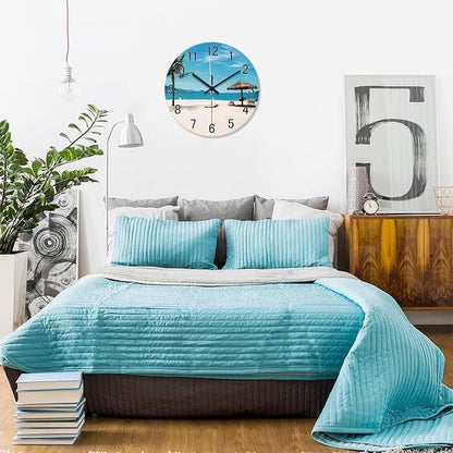 XFM Tropical Beach Wall Clock 12 Inch Silent Coastal Wall Clocks Battery Operated Blue Analog Wall Clock for Living Room Bedroom Office Decor