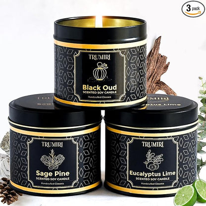 Candle Gift Set of 3 Black Oud|Sage Pine|Eucalyptus Lime Strong Scented Soy Candels Clean Non Toxic Velas Aromáticas Favors for Women Coworkers Friends Guests Also for Fall Diwali Christmas Holidays