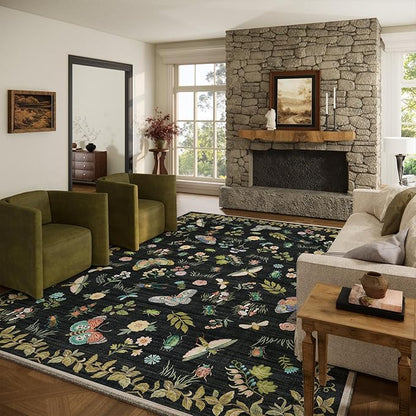 Machine Washable Rug for Living Room: 9x12 Area Rugs Vintage Bedroom Rug Stain Resistant Non Slip Low Pile Soft Carpet for Bedroom Kitchen Dining Room Nursery Kids Room Farmhouse Home Office