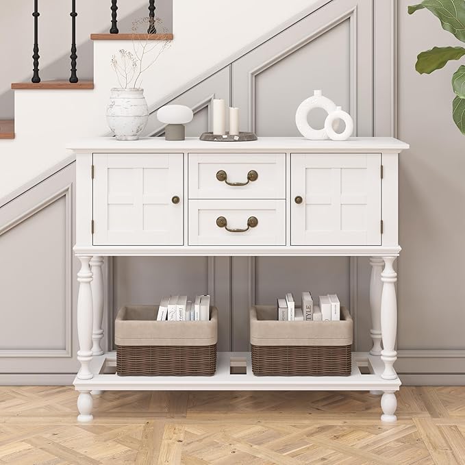 Console Table with Drawers, White Vintage Entryway Tables with Storage and Shelf, Hallway Table with Turned Legs, Narrow Behind Couch Sofa Table for Entryway, Hallway, Living Room
