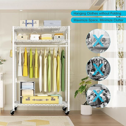 P3 Plus Rolling Clothes Rack, Clothing Racks for Hanging Clothes, Heavy Duty Garment Rack with Wheels, Freestanding Portable Closet Rack 45" W x 14" D x 78.5" H, Max Load 480 LBS, White