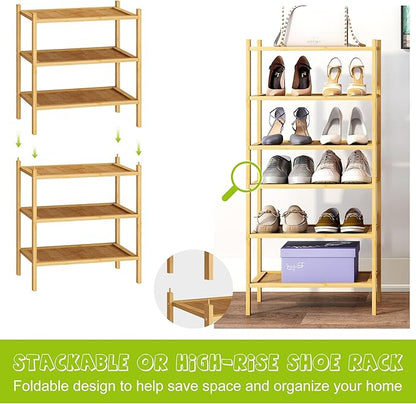 BMOSU 3-Tier Bamboo Small Shoe Rack Premium Stackable Shoe Shelf Storage Organizer for Hallway Closet Living Room Entryway Organizer(Natural)