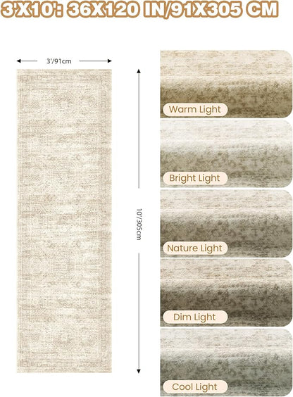 3x10 Runner Rug Non Slip Washable for Entryway, Vintage Hallway Runner for Front Porch, Laundry Room, Bedroom, Abstract Stain Resistant Thin Indoor Kitchen Mats for Floor(3'x10', Beige/Ivory)