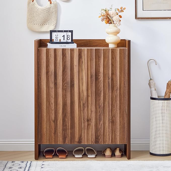 Fluted Shoe Cabinet, 5-Tier Shoe Storage Cabinet with Doors,Freestanding Hidden Shoe Cabinet Organizer, Narrow Shoes Storage Rack for Entryway (Walnut)