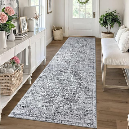KUTA Vintage Kitchen Runner Rug, 2.6x10 Vintage Grey Blue White Washable Hallway Rugs Non-Slip Ultra Soft Printed Floral Medallion Farmhouse Floor Carpet for Bedroom Living Room Nursery
