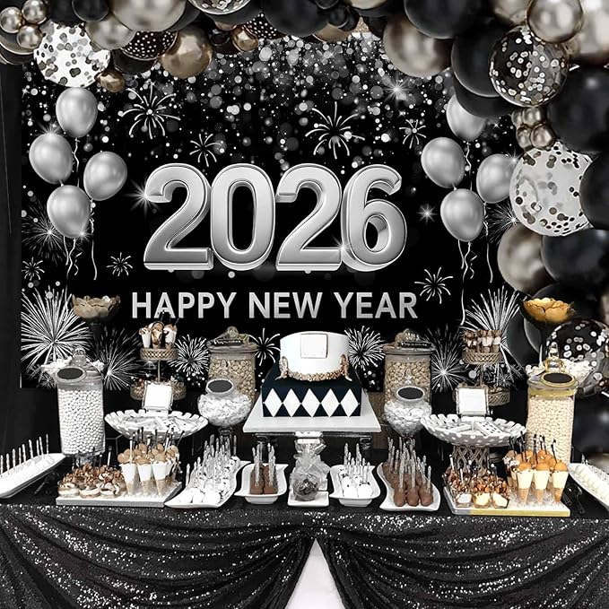 MEHOFOND 7x5ft Black and Silver 2026 Happy New Year Backdrop Hello 2026 New Year Eve Party Photography Background Balloon Fireworks Glitter Dots Cheers to 2026 Decor Banner Photo Booth Props