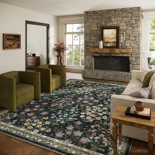 Area Rugs 9x12 Living Room: Washable Rugs for Bedroom Vintage Stain Resistant Non Slip Low Pile Soft Large Carpet for Kitchen Dining Room Farmhouse Kids Room Nursery Playroom