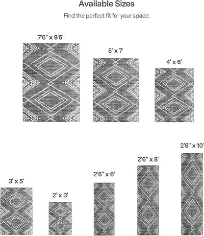 ReaLife Rugs Machine Washable Area Rug Runner - Living Room Bedroom Bathroom Kitchen Entryway Office - Padded Low Pile Stain Resistant Premium - Moroccan Diamond Tribal - Jax - Gray 2'6" x 6'