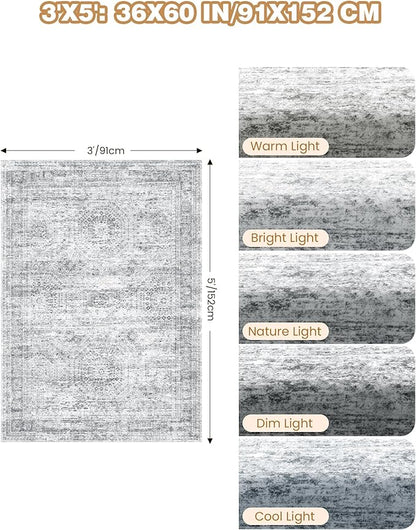 3x5 Washable Area Rug for Entryway, Soft Kitchen Rugs Non Slip for Dining Room, Vintage Abstract Living Room Rug, Thin Area Rugs Indoor for Bedroom, Kids Room Decor(3'x5', Grey/Ivory)