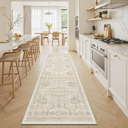 Washable 2x8 Runner Rug - Non Slip Vintage Kitchen Runner Rugs Low-Pile Distressed Long Rugs for Hallway Waterproof Indoor Carpet for Living Room Bedroom Entryway 2'x8' Beige
