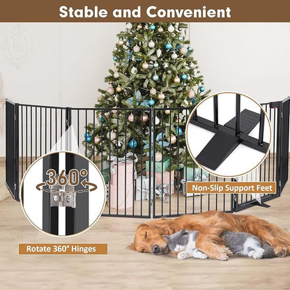 Metal Freestanding Dog Gates with Door,Extra Wide 24", 32" Height Foldable Dog Fence for Indoor & Outdoor, Heavy Duty Freestanding Pet Barrier for Stairs, Doorways, Halls, Kitchen,Yard,Christmas Tree