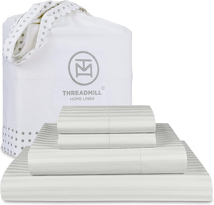 Threadmill 100% Cotton Sheets for King Size Bed - 600 Thread Count King Bed Sheets Set with 16” Deep Pocket - Damask Stripe Sateen Weave 4-Piece Bedding Set with Cooling Effect, Light Grey