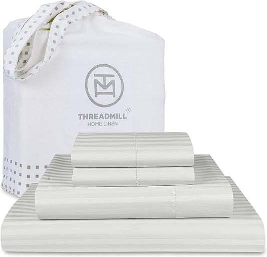 Threadmill 100% Cotton Sheets for King Size Bed - 600 Thread Count King Bed Sheets Set with 16” Deep Pocket - Damask Stripe Sateen Weave 4-Piece Bedding Set with Cooling Effect, Light Grey