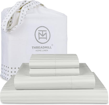 Threadmill 100% Cotton Sheets for Cal King Size Bed - 600 Thread Count Cal King Bed Sheets Set with 16” Deep Pocket - Damask Stripe Sateen Weave 4-Piece Bedding Set with Cooling Effect, Light Grey