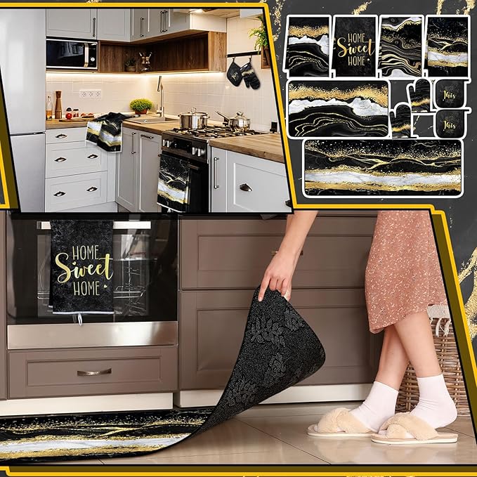 10 Pcs Christmas Marble Farmhouse Kitchen Decor Accessories Set Marble Kitchen Dish Towels Rugs Oven Mitts and Pot Holders Sets for Cooking Baking Daughter Mom Gift(Black)