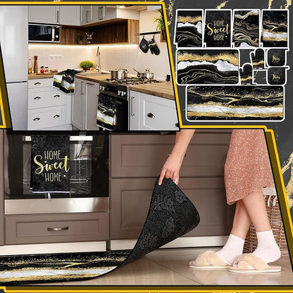 10 Pcs Christmas Marble Farmhouse Kitchen Decor Accessories Set Marble Kitchen Dish Towels Rugs Oven Mitts and Pot Holders Sets for Cooking Baking Daughter Mom Gift(Black)