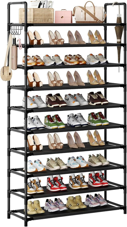 Shoe Rack, 10 Tier Shoe Storage Organizer with Hooks,Fit 40-45 Pairs Shoes,Nonwoven Fabric Tall Shoe Shelf for Closet,Entryway, Hallway,Garage,Bedroom,Cloakroom