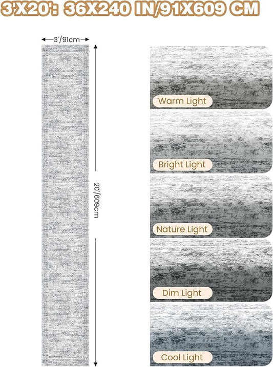 3x20 Washable Runner Rug for Hallway, Non-Slip Long Hallway Runner for Entryway, Soft Vintage Kitchen Mats for Floor, Abstract Dining Room, Bedroom, Living Room Rugs(3'x20', Grey/Ivory)