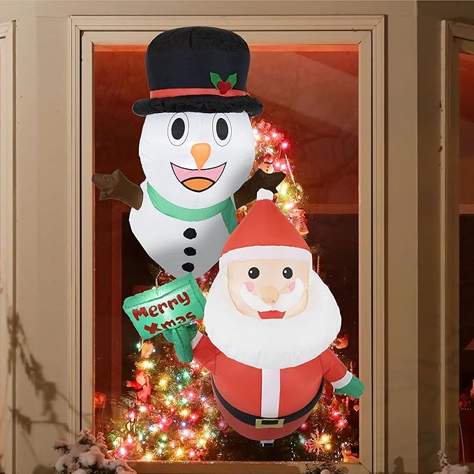 Sunnydaze Santa and Frosty Inflatable Christmas Decoration for Window - Indoor or Outdoor Use - 2 White LED Lights Each