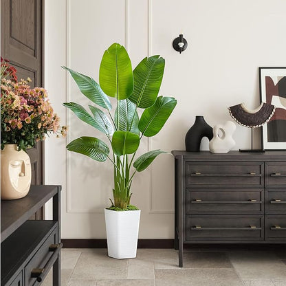 Bird of Paradise Artificial Plant, 5FT Faux Plants Indoor Banana Leaf Tree with 9 Leaves, Large Fake Tropical Potted Indoor Silk Floor Plant with White Tall Planter for House,Office,Room,Home Decor