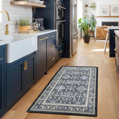 Dark Blue 3x5 Entryway Rug Indoor, Transitional Boho Floral Moroccan Trellis Printed Throw Rug for Kitchen, Ultra Thin for Machine Washable, Non Slip Area Rug for Foyer/Dorm/Bedroom Bedside
