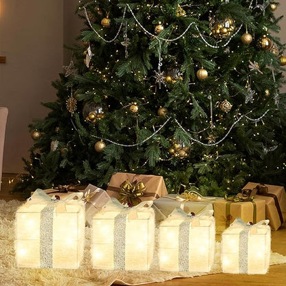 Christmas Lighted Gift Boxes Decorations Set of 4, 3.6Ft Stackable Christmas Nesting Boxes Battery Operated for Home and Party Decoration (10"-8"-6"-5", Silver Bow)