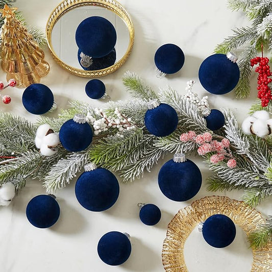 Velvet Christmas Ball Ornaments Set-46pcs Flocked Shatterproof Christmas Tree Decorations Plastic Xmas Decorative Hanging Ornaments for Xmas Holiday Home Decor,3 Sizes(Navy Blue)