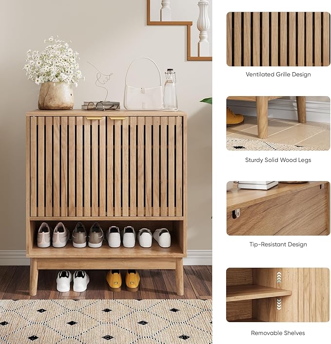Shoe Storage Cabinet with Adjustable Shelves, Wooden Shoe Organizer, Shoes Rack for Entryway, Hallway, Living Room (Natural Wood, 27.56" W)
